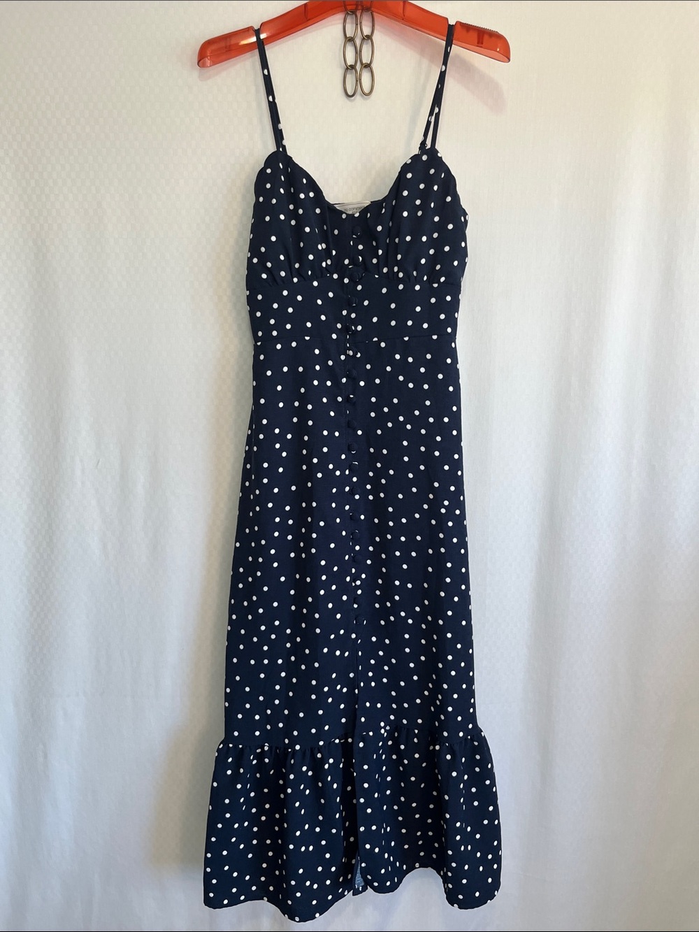 No Comment Dress Polka Dot Navy Midi Dress with Ruffle Hem
